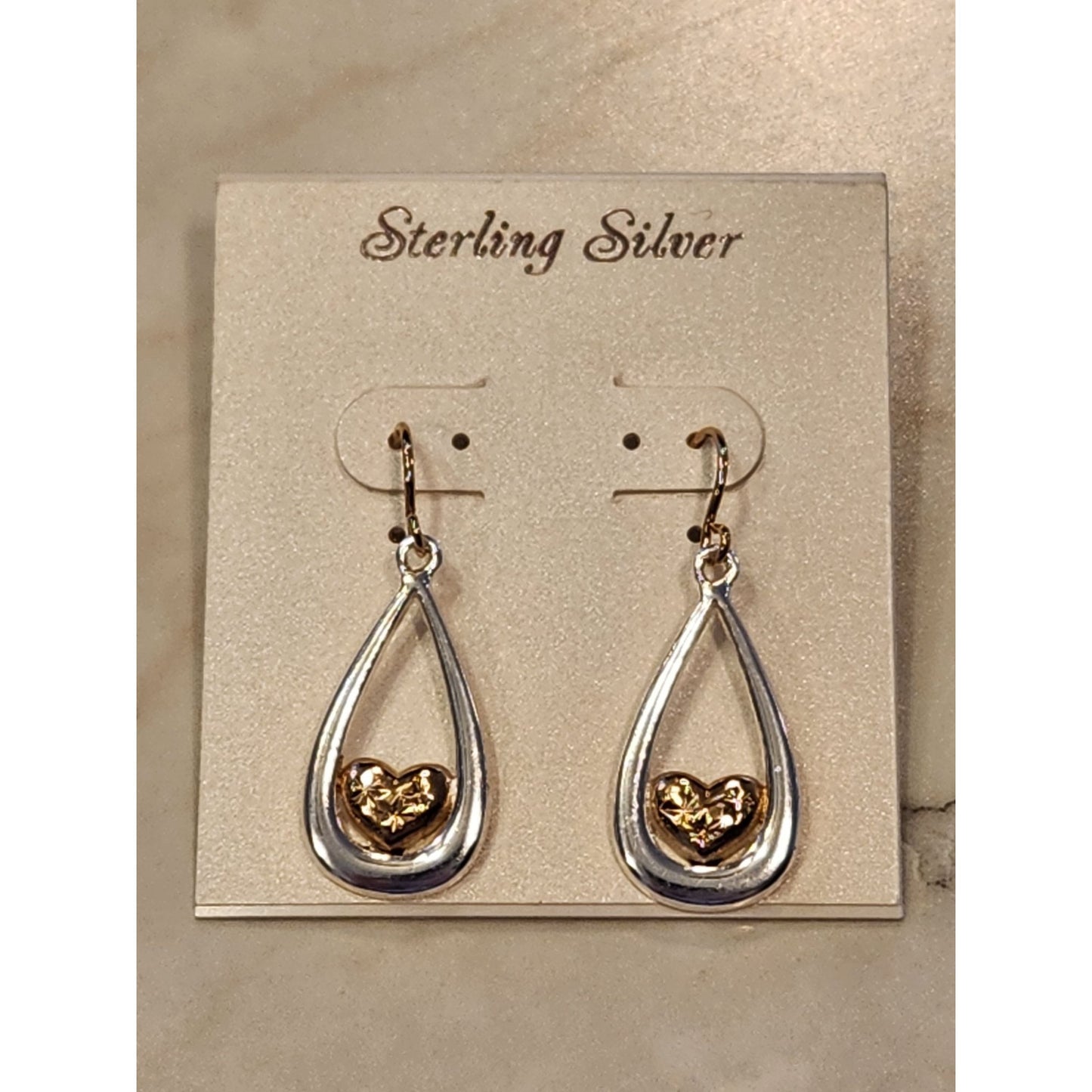 Sterling Silver & Gold Teardrop Earrings With Heart Accents