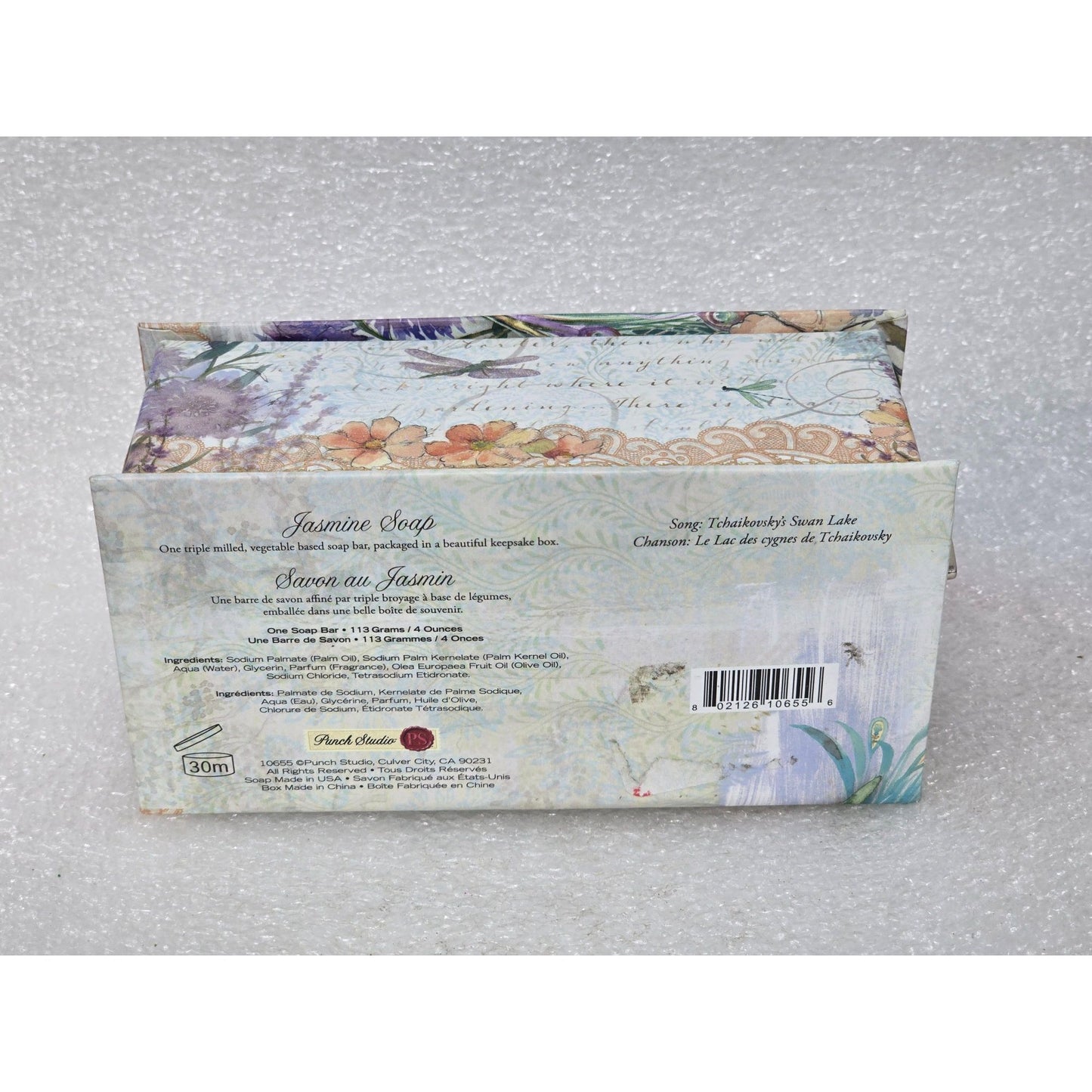 Punch Studio Jasmine Soap Music Box Keepsake Box Plays Swan Lake Peacock Floral