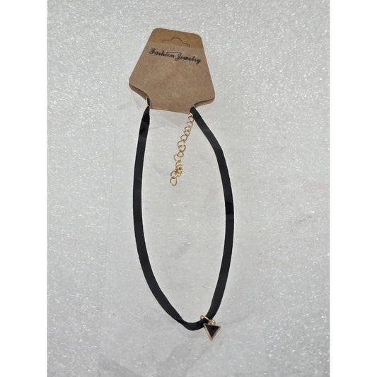 Black Choker Necklace With Gold Tone Triangle Pendant Adjustable Chain Jewelry