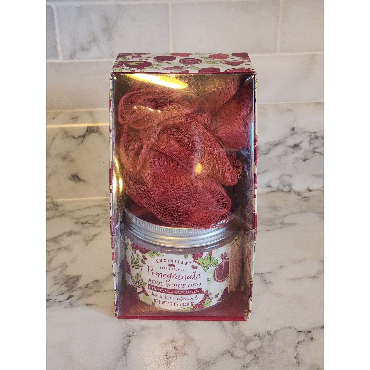 Encinitas Pomegranate Body Scrub Duo Hydrating & Exfoliating Set With Mesh Puff