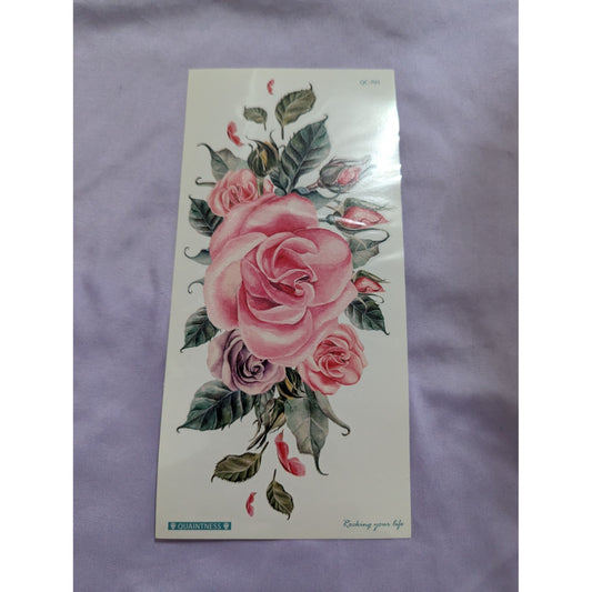 Pink Rose Bouquet Temporary Tattoo - Elegant Floral Body Art Design (QC-701)