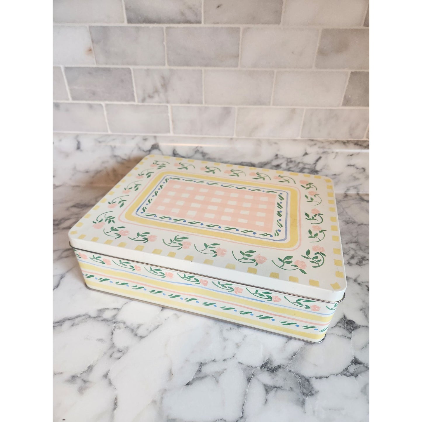 Bath & Body Works Floral Tin Box With Pink Gingham & Yellow Accents