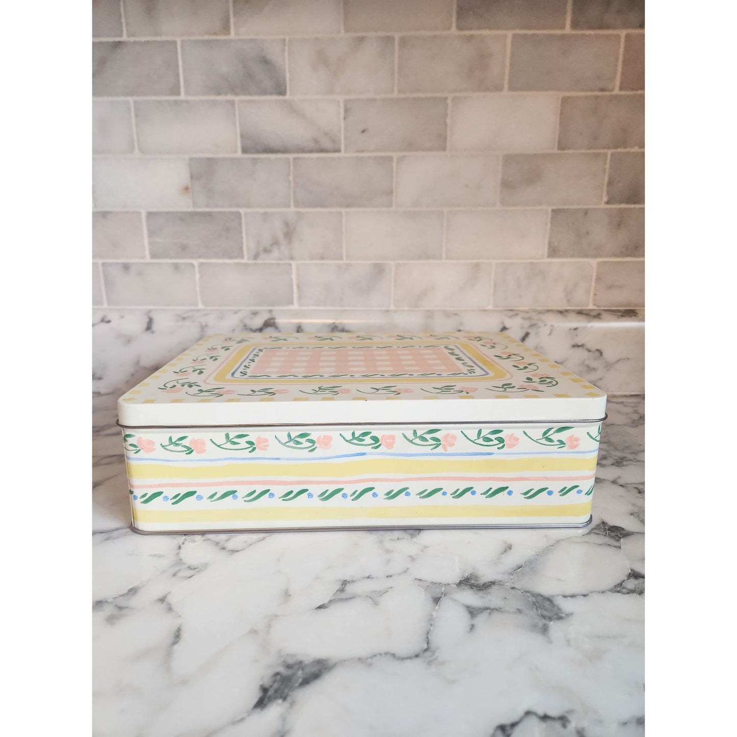 Bath & Body Works Floral Tin Box With Pink Gingham & Yellow Accents