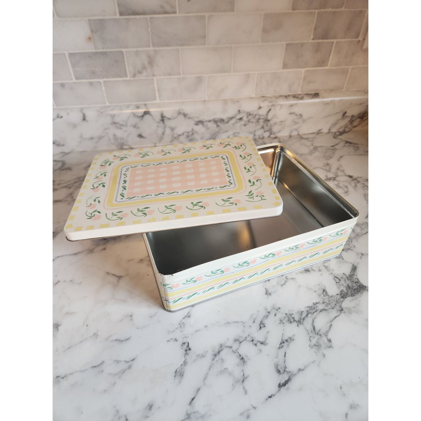 Bath & Body Works Floral Tin Box With Pink Gingham & Yellow Accents