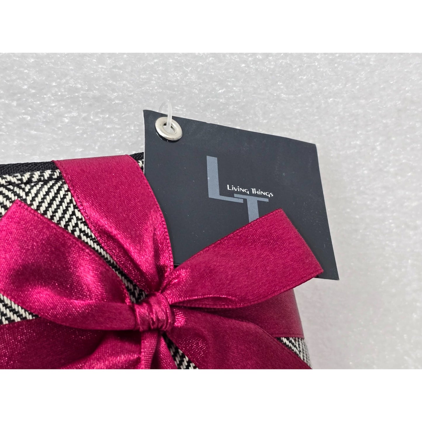Living Things Herringbone Cosmetic Bag w Mini Makeup Brush Set Burgundy Ribbon