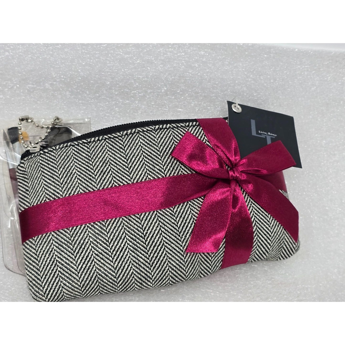 Living Things Herringbone Cosmetic Bag w Mini Makeup Brush Set Burgundy Ribbon