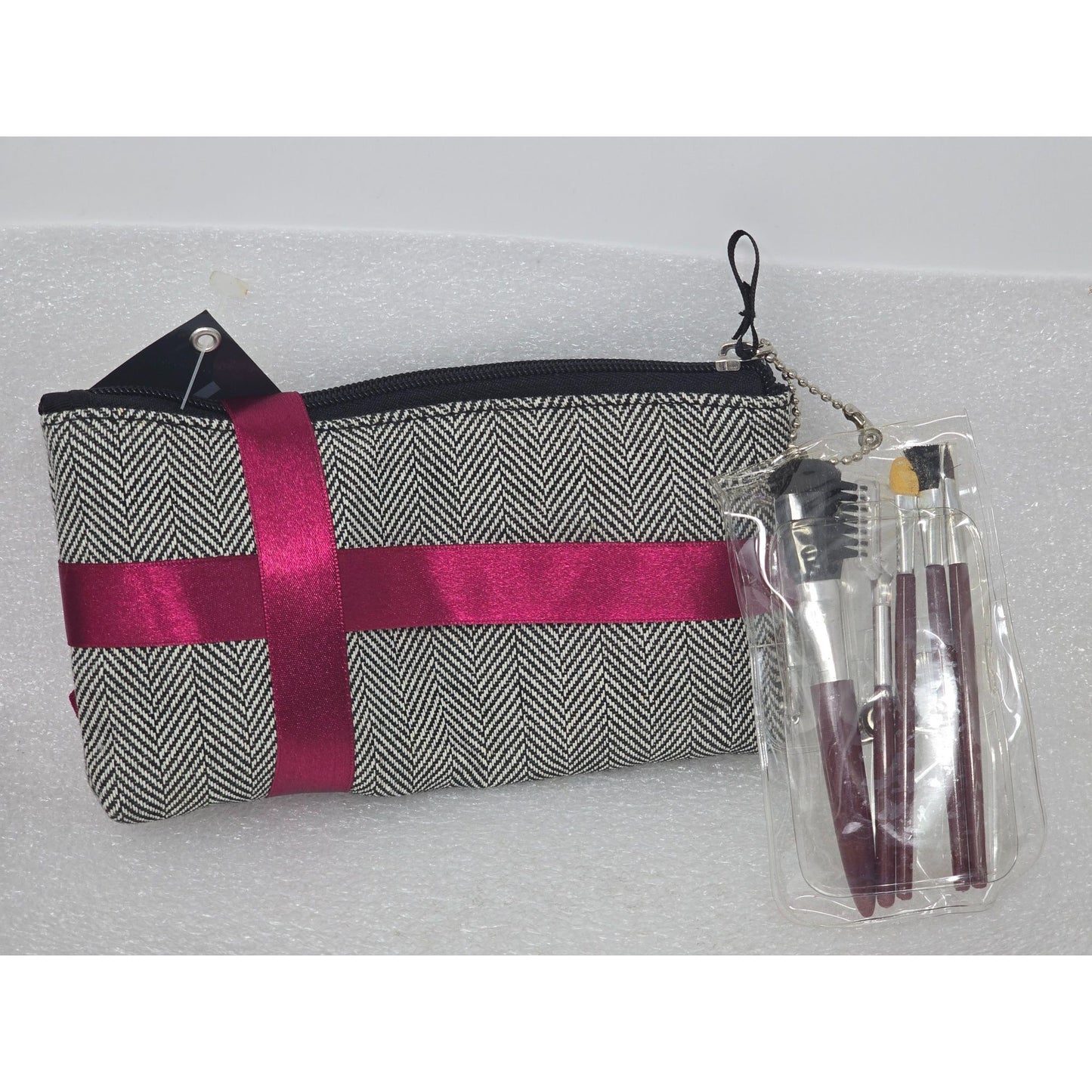 Living Things Herringbone Cosmetic Bag w Mini Makeup Brush Set Burgundy Ribbon