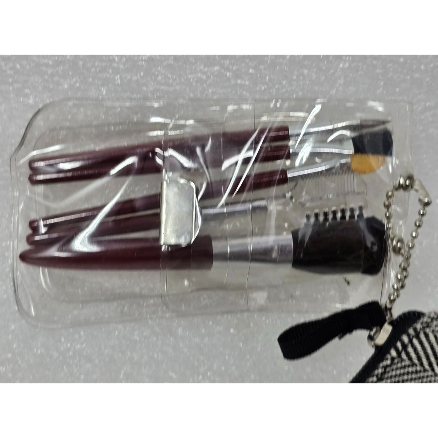 Living Things Herringbone Cosmetic Bag w Mini Makeup Brush Set Burgundy Ribbon