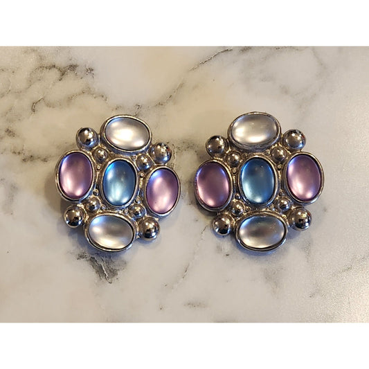 Vintage Clip-On Earrings With Blue & Purple Cabochon Gemstones Silver-Tone Metal