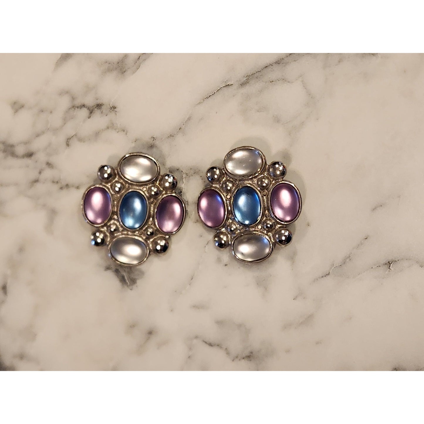 Vintage Clip-On Earrings With Blue & Purple Cabochon Gemstones Silver-Tone Metal