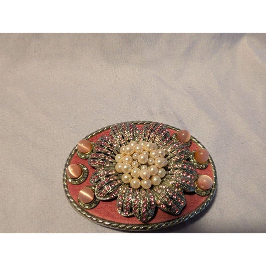 Vintage Oval Belt Buckle With Faux Pearl & Pink Coral Floral Design