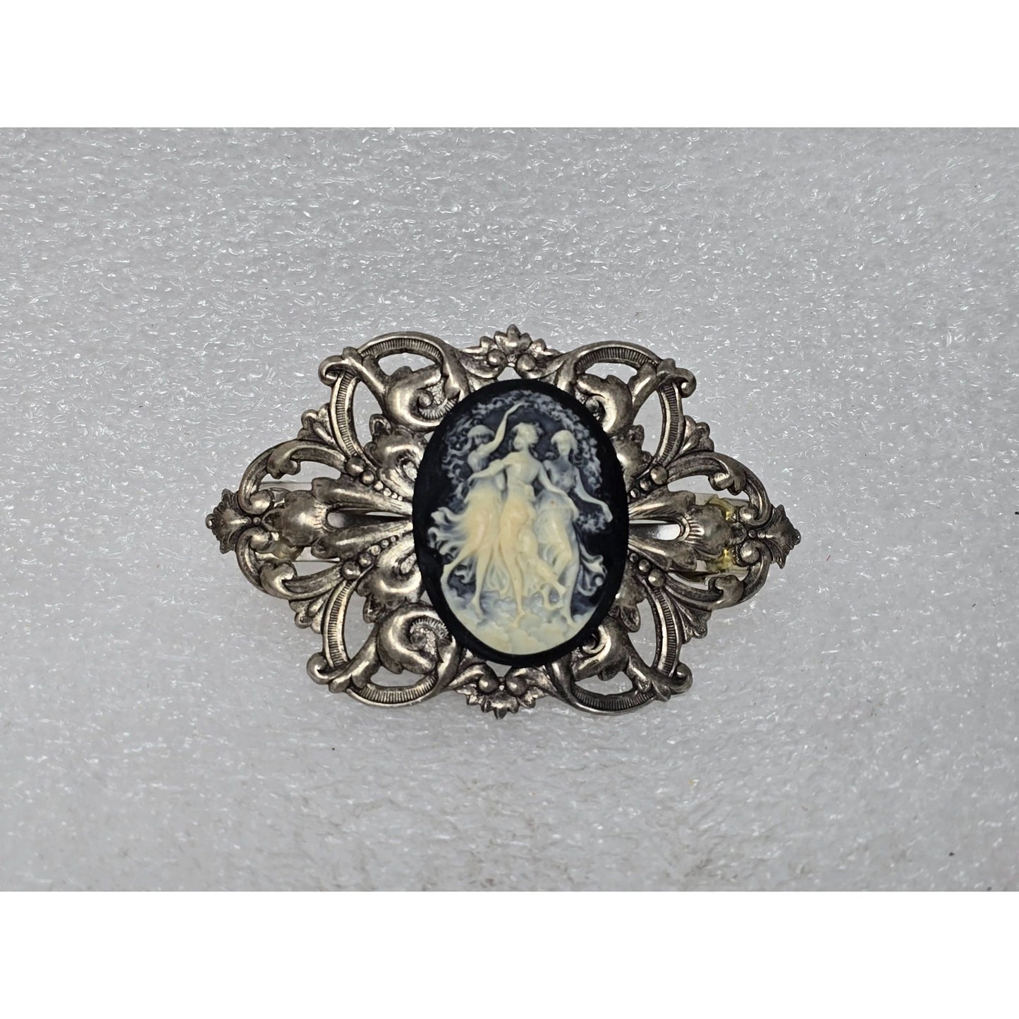 Vintage French Cameo Hair Barrette Silver Tone Filigree Made In France 3 Muses