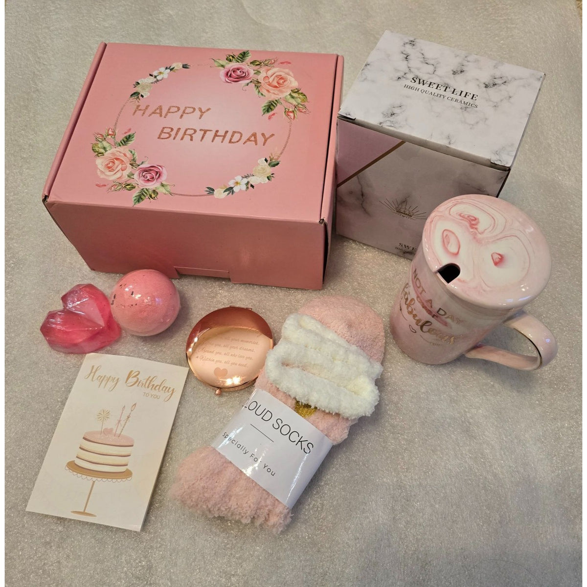 Pink Birthday Gift Basket for Women Mug Cozy Socks Bath Bomb Heart Soap Compact