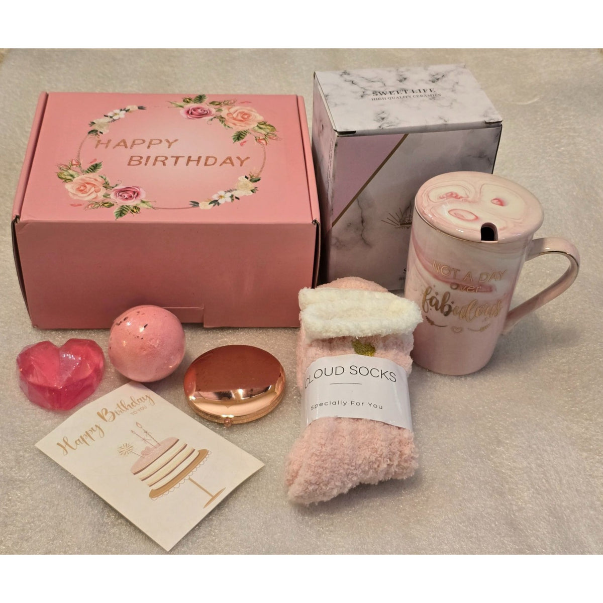 Pink Birthday Gift Basket for Women Mug Cozy Socks Bath Bomb Heart Soap Compact