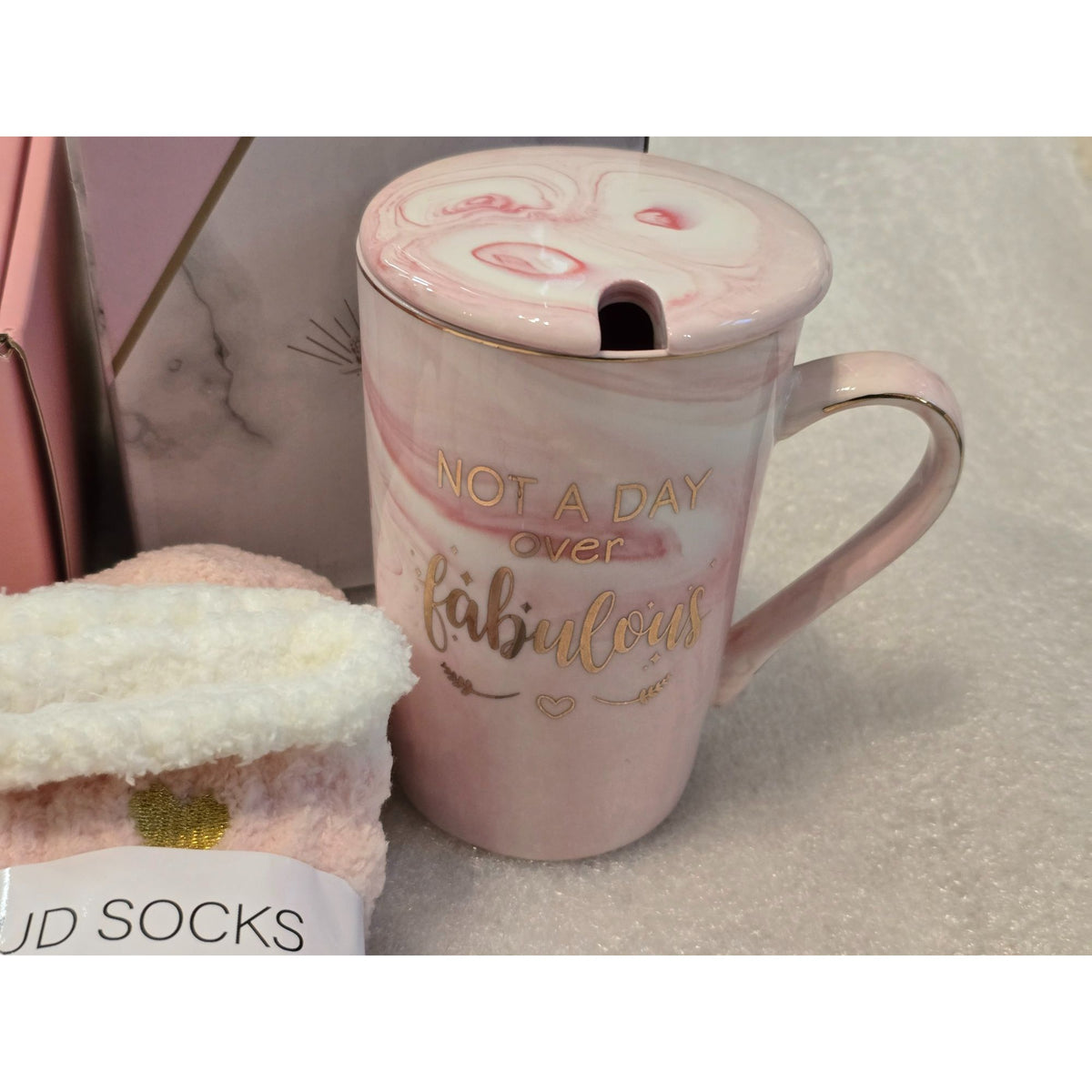 Pink Birthday Gift Basket for Women Mug Cozy Socks Bath Bomb Heart Soap Compact