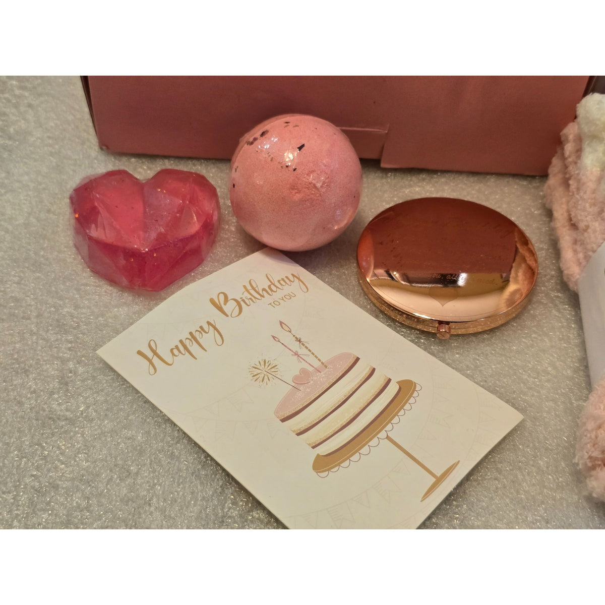 Pink Birthday Gift Basket for Women Mug Cozy Socks Bath Bomb Heart Soap Compact