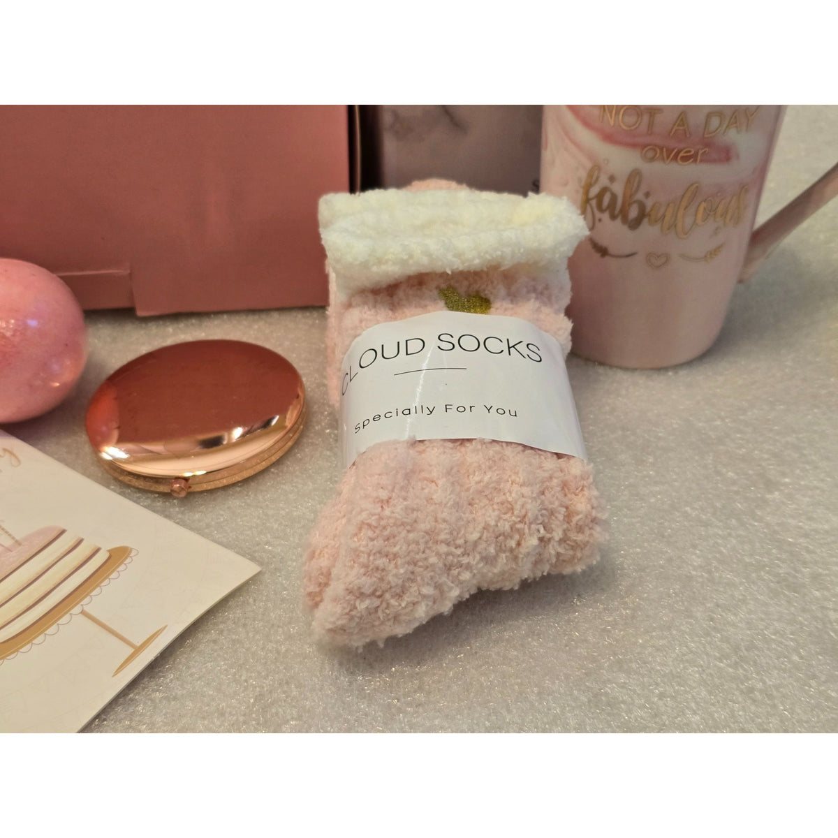 Pink Birthday Gift Basket for Women Mug Cozy Socks Bath Bomb Heart Soap Compact