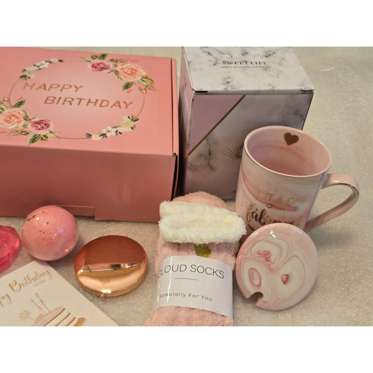 Pink Birthday Gift Basket for Women Mug Cozy Socks Bath Bomb Heart Soap Compact