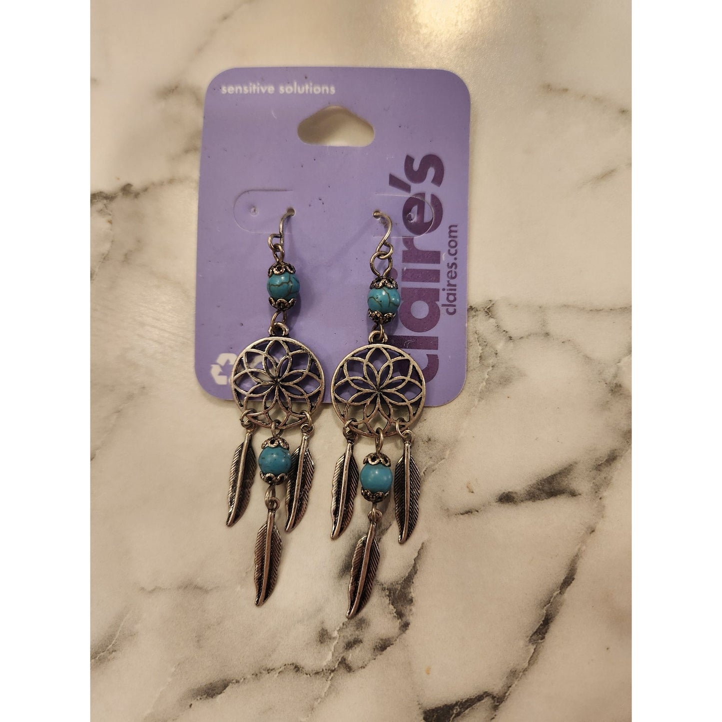 Dreamcatcher Dangle Earrings With Turquoise Beads & Feathers By Claires