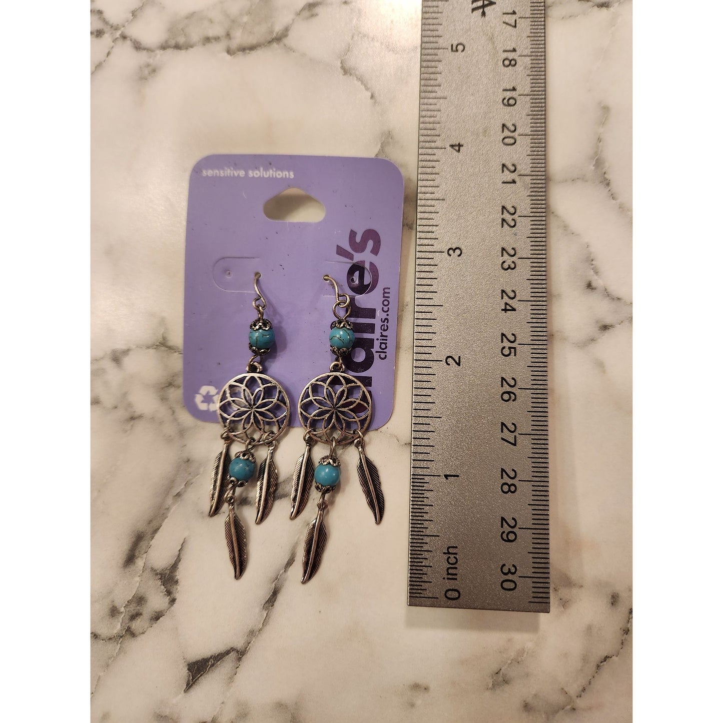 Dreamcatcher Dangle Earrings With Turquoise Beads & Feathers By Claires