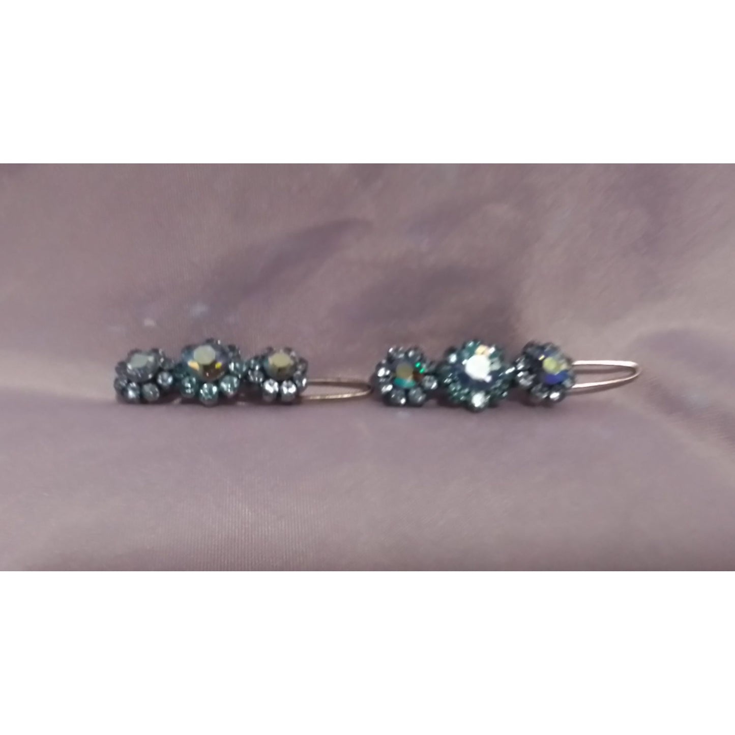 Vintage Blue Flower Aurora Borealis Crystal Hair Clips Barrettes Set of 2