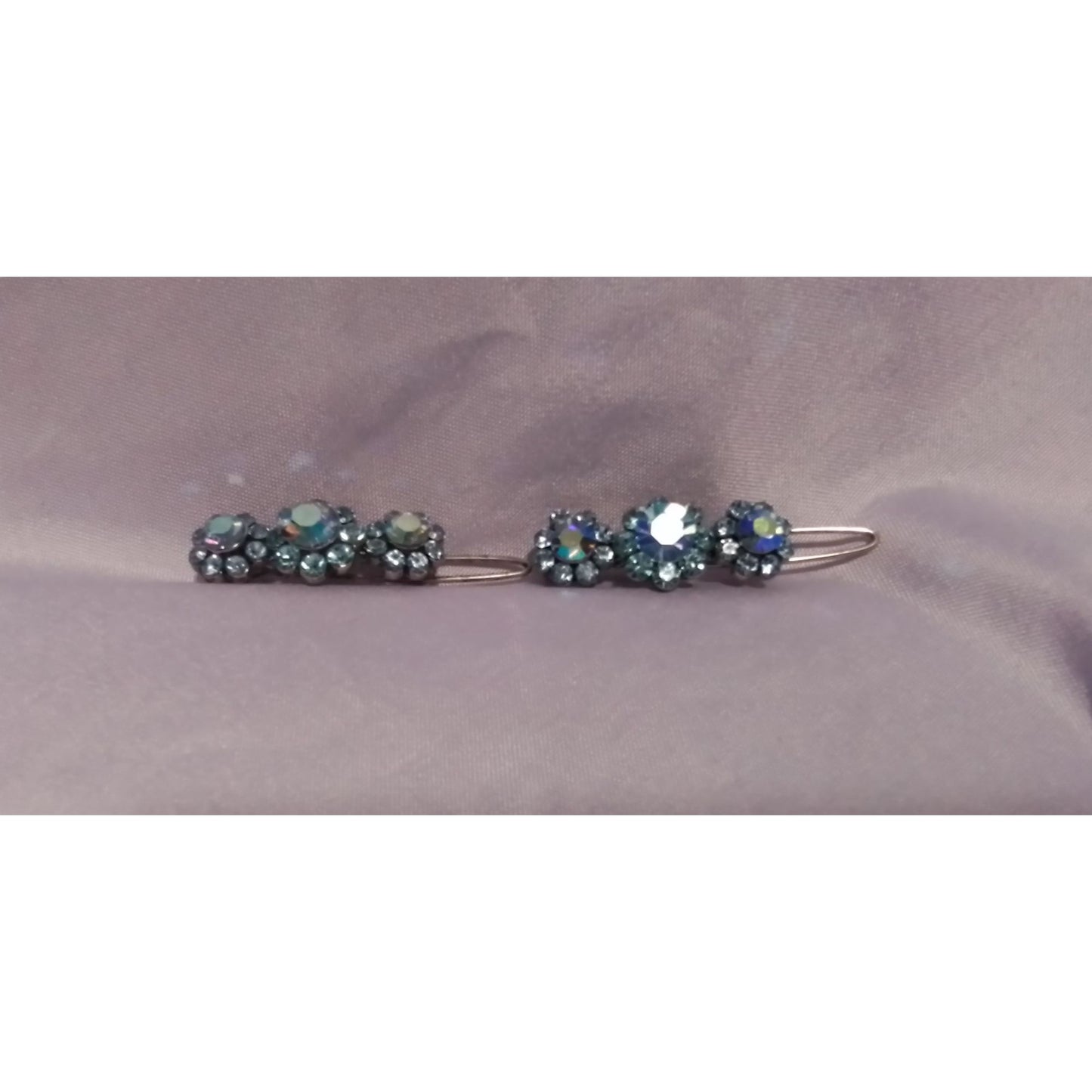 Vintage Blue Flower Aurora Borealis Crystal Hair Clips Barrettes Set of 2