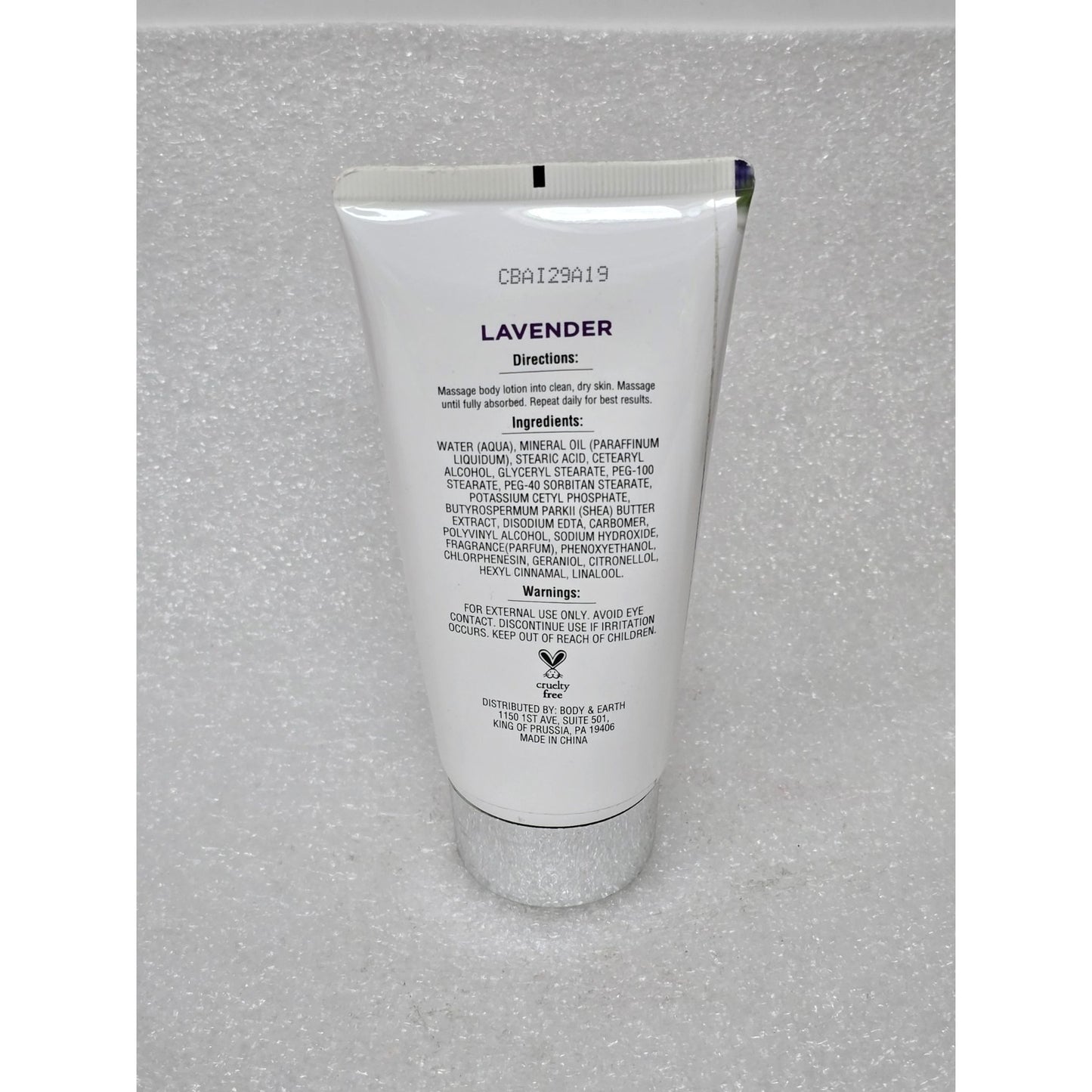 Body & Earth Lavender Body Lotion 4.4 Oz Tube Hydrating Formula For Smooth Skin