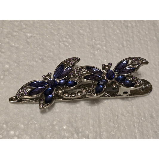 Silver Tone Butterfly Hair Clip Barrette Purple & Blue Gemstone Accents Elegant