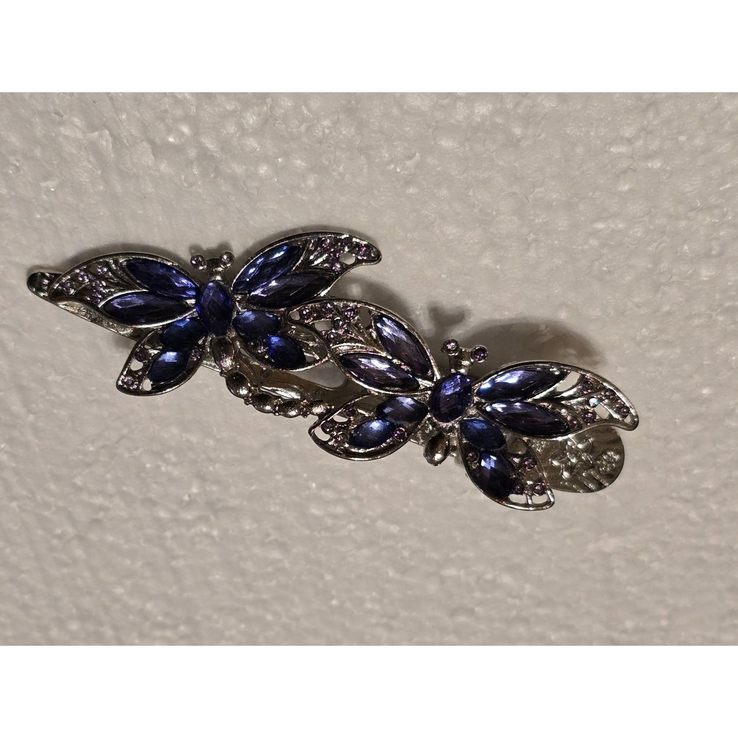 Silver Tone Butterfly Hair Clip Barrette Purple & Blue Gemstone Accents Elegant