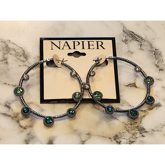 Napier Silver-Tone Hoop Earrings With Green Rhinestone Embellishments