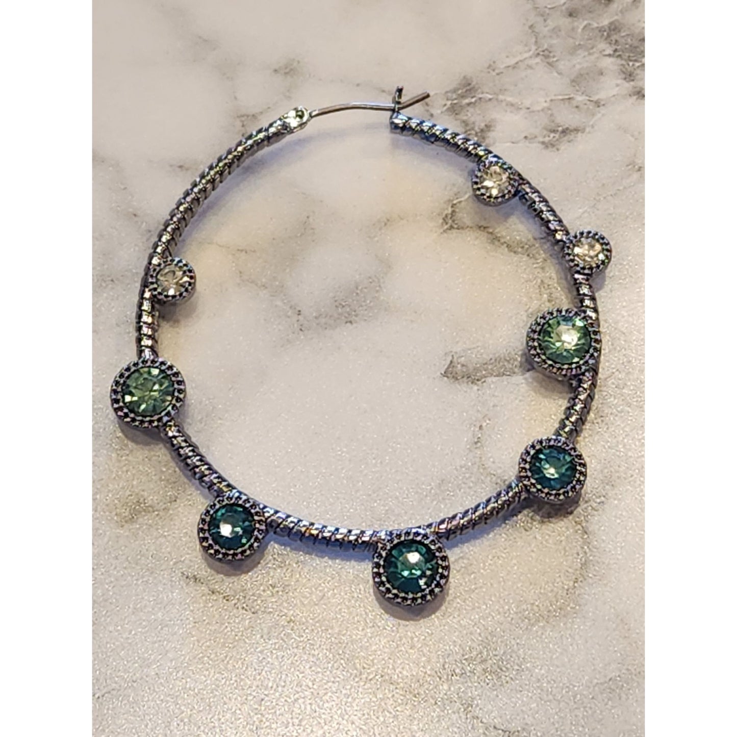 Napier Silver-Tone Hoop Earrings With Green Rhinestone Embellishments