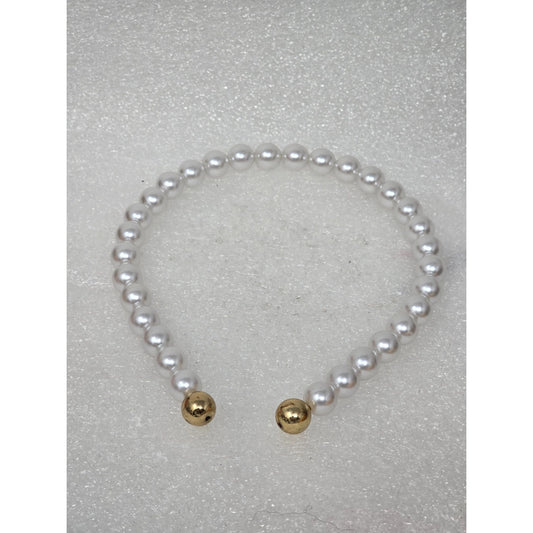 Faux Pearl Headband Gold-Tone End Elegant Design For Formal Or Professional Wear