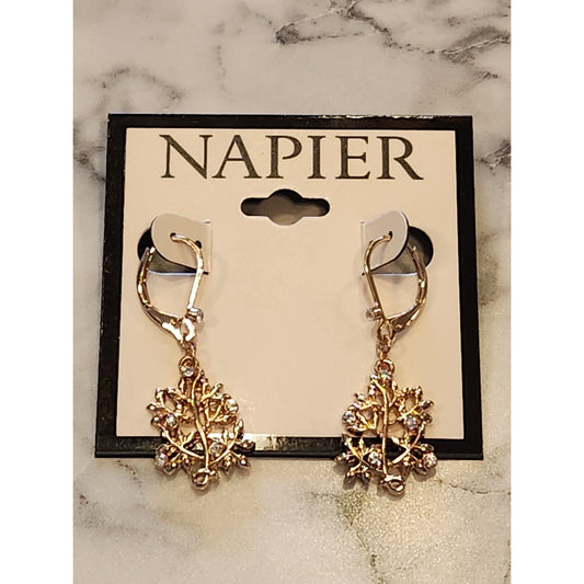 NAPIER Gold Tone Crystal Leaf Drop Earrings Lever Back Closure New With Tags