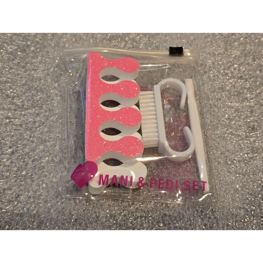 Forever 21 Neon Pink Glitter Mani & Pedi Set Toe Separators Nail Brush & Cuticle