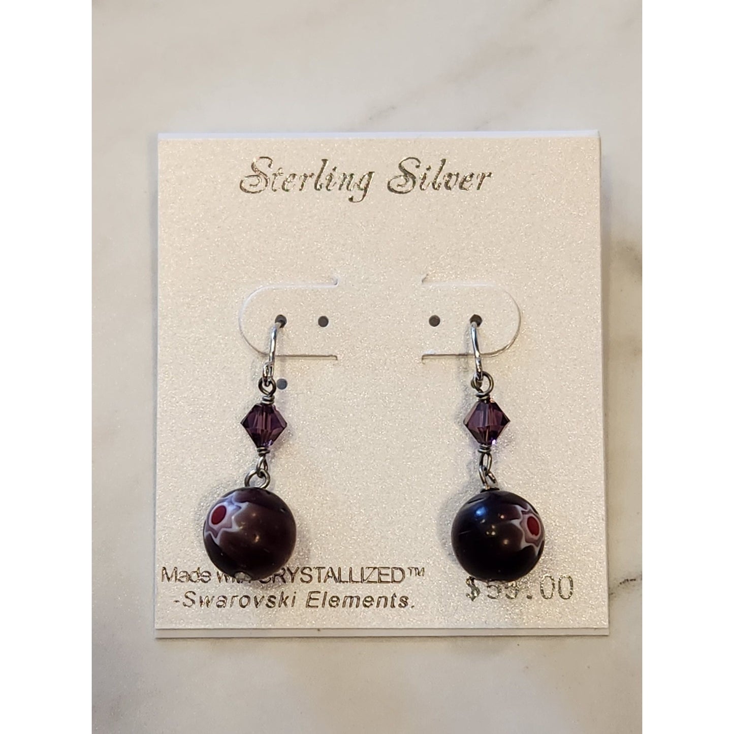 Sterling Silver Earrings With Crystalized Swarovski Elements & Purple Beads