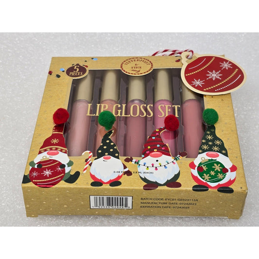 Lip Gloss Set Peppermint & Pine 5-Piece Holiday Gift Box With Santa Gnome Design