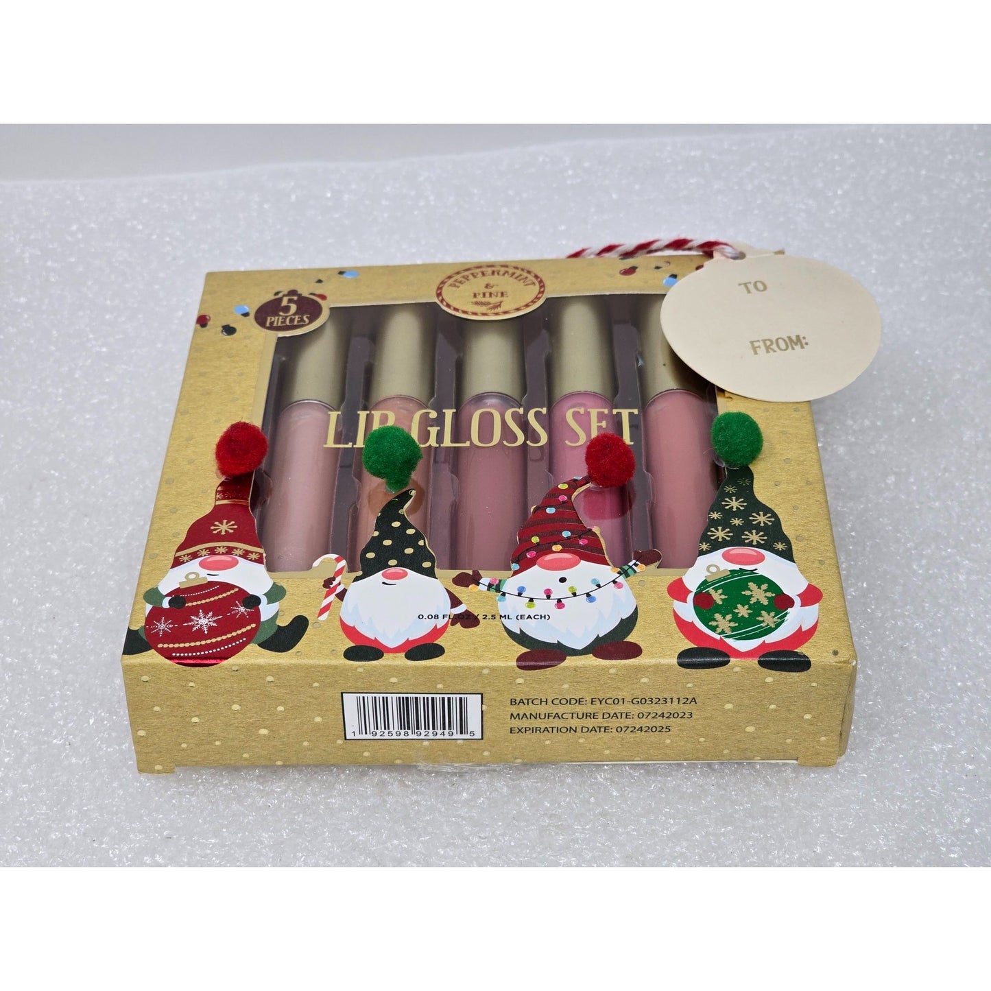 Lip Gloss Set Peppermint & Pine 5-Piece Holiday Gift Box With Santa Gnome Design