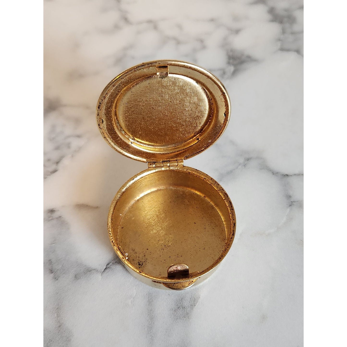 Vintage Gold-Tone Round Pill Trinket Box With Red Poinsettia Design