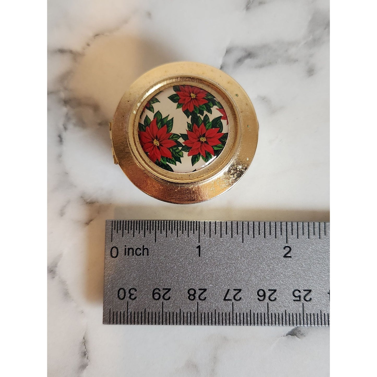 Vintage Gold-Tone Round Pill Trinket Box With Red Poinsettia Design
