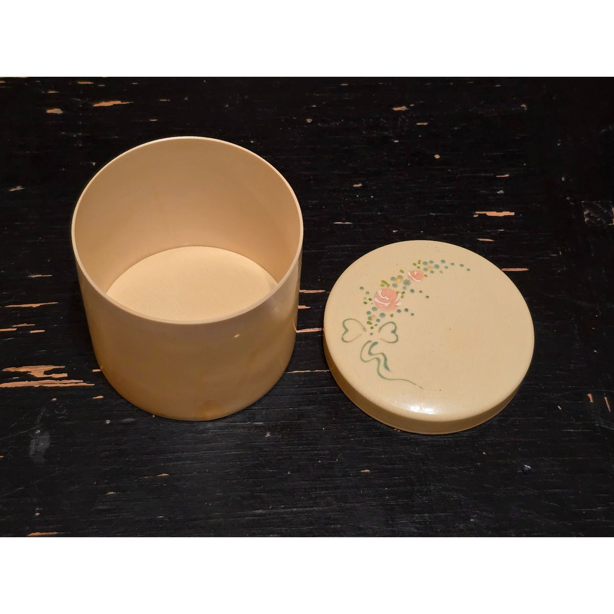 Vintage Round Floral Trinket Box Ivory Roses Vanity Powder Keepsake Container