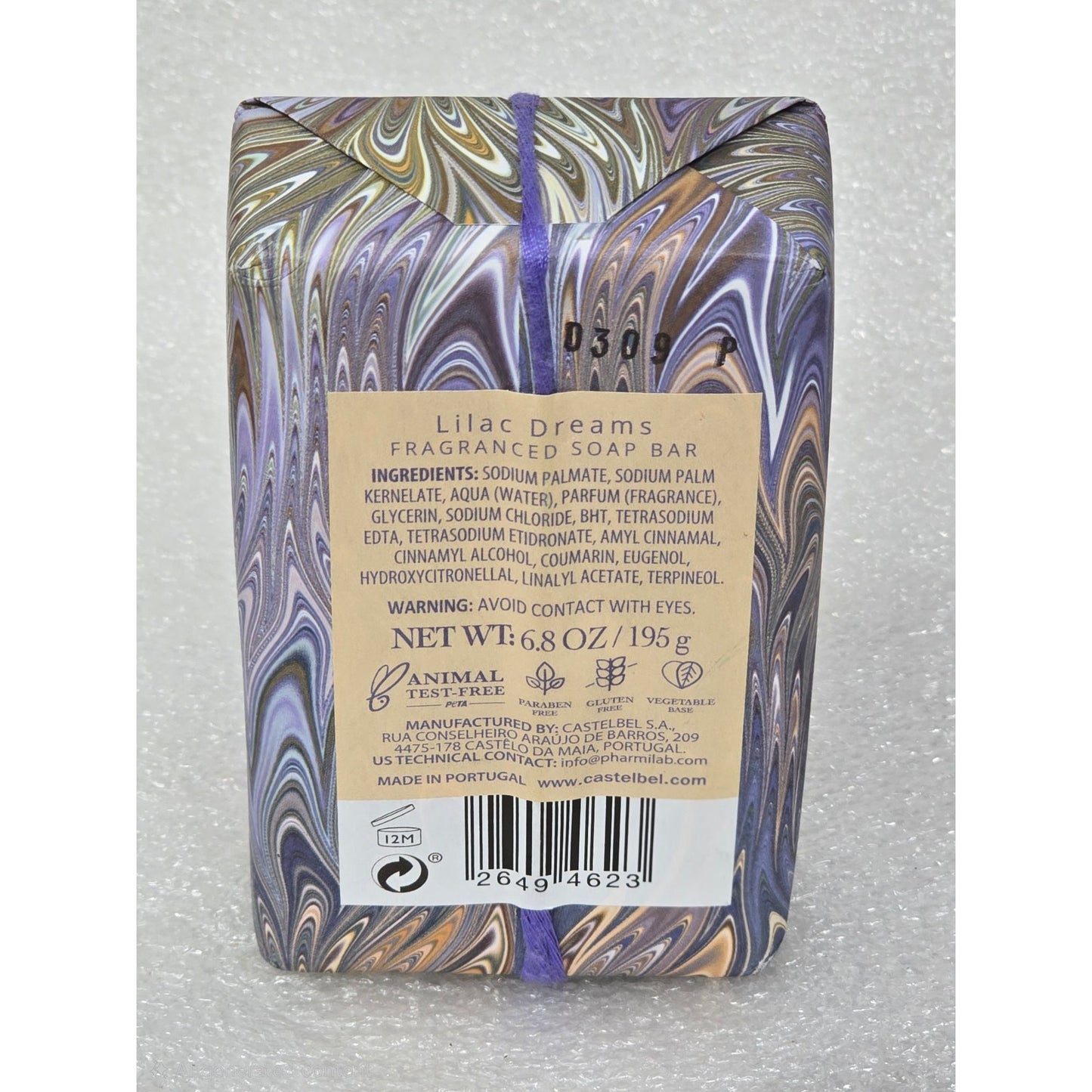 Castelbel Lilac Dreams Fragranced Soap Bar 6.8 Oz With Gift Wrap Tassel