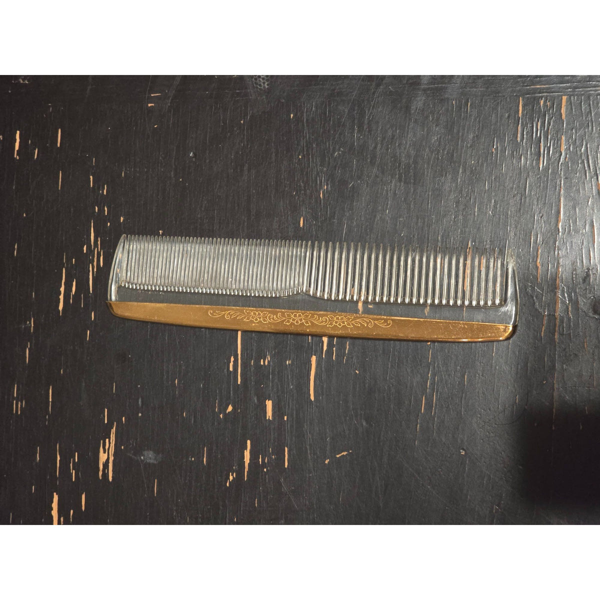 Vintage Clear Lucite Comb Gold Tone Floral Vanity Hair Comb Retro