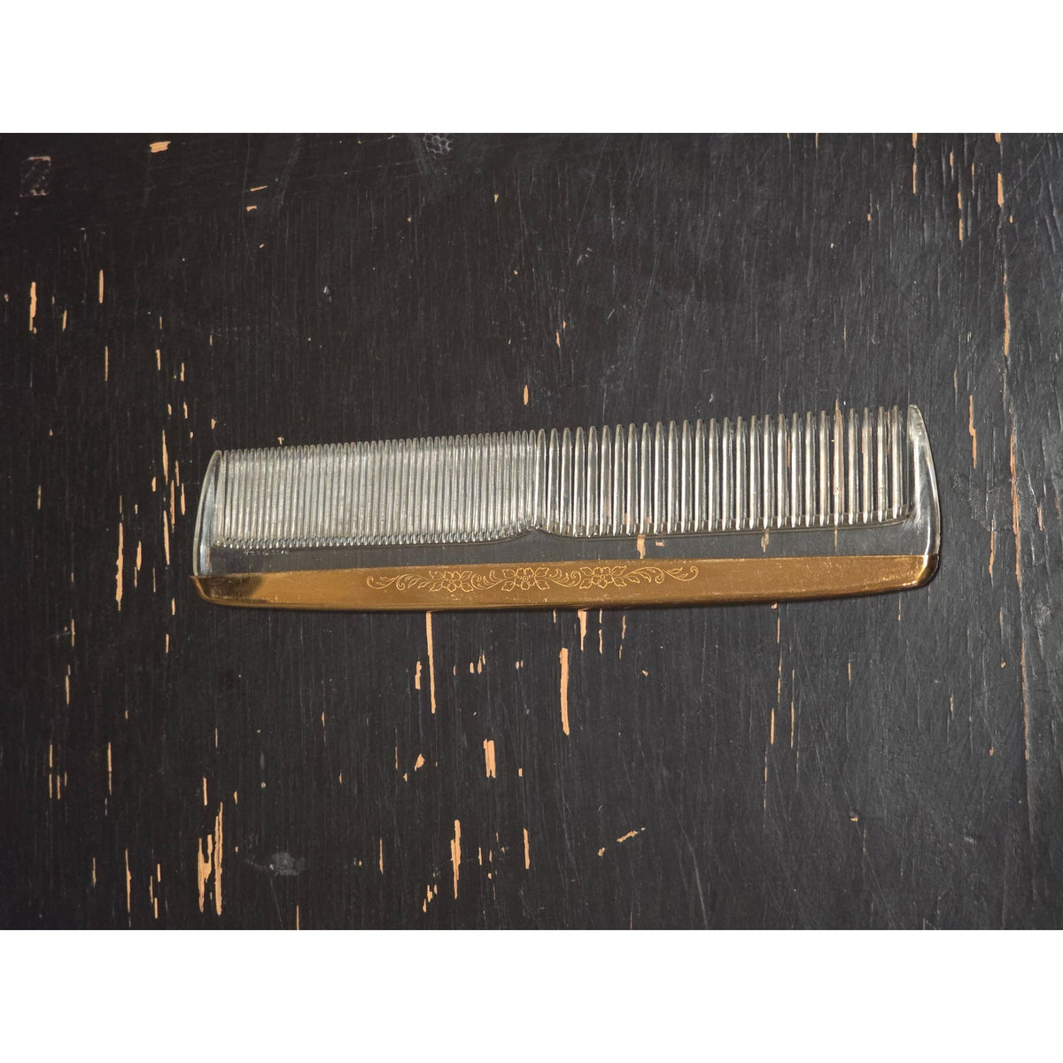 Vintage Clear Lucite Comb Gold Tone Floral Vanity Hair Comb Retro