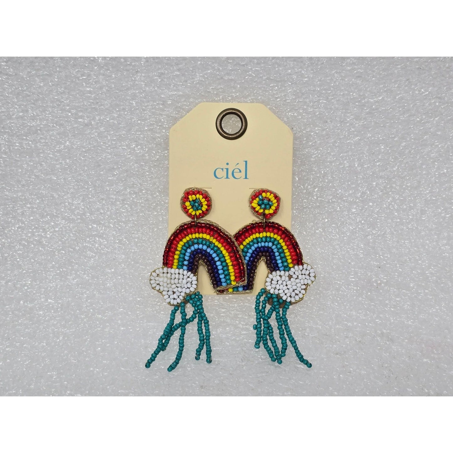 Beaded Rainbow Dangle Earrings With Cloud & Fringe Detail By Ciél