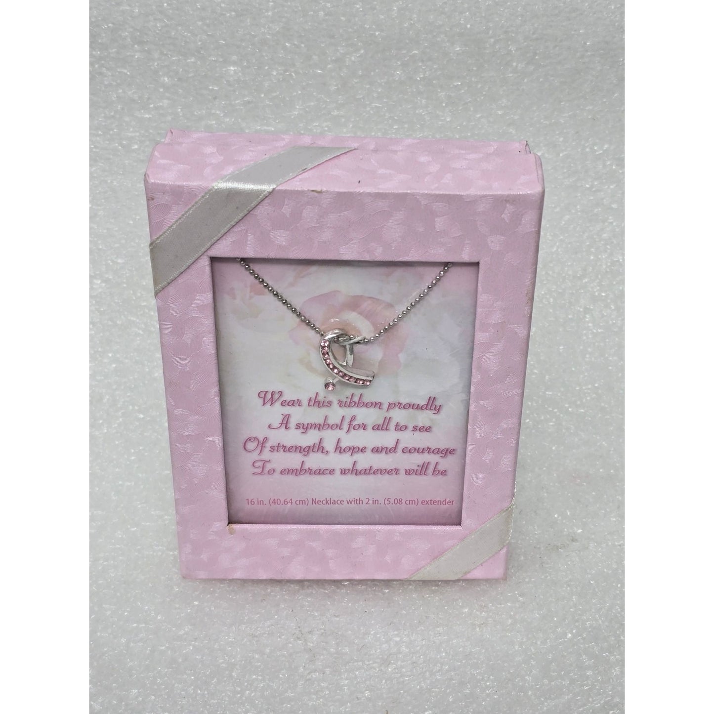 Pink Ribbon Heart Necklace w Rhinestones Breast Cancer Awareness Gift Boxed