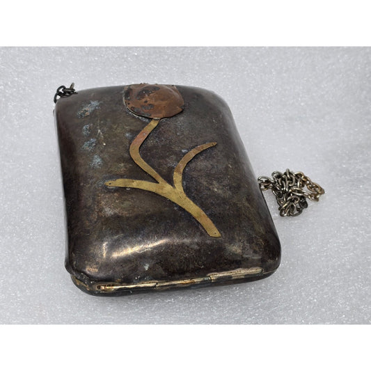 Antique Sterling Silver Metal Chain Purse With Floral Design & Latch Closure