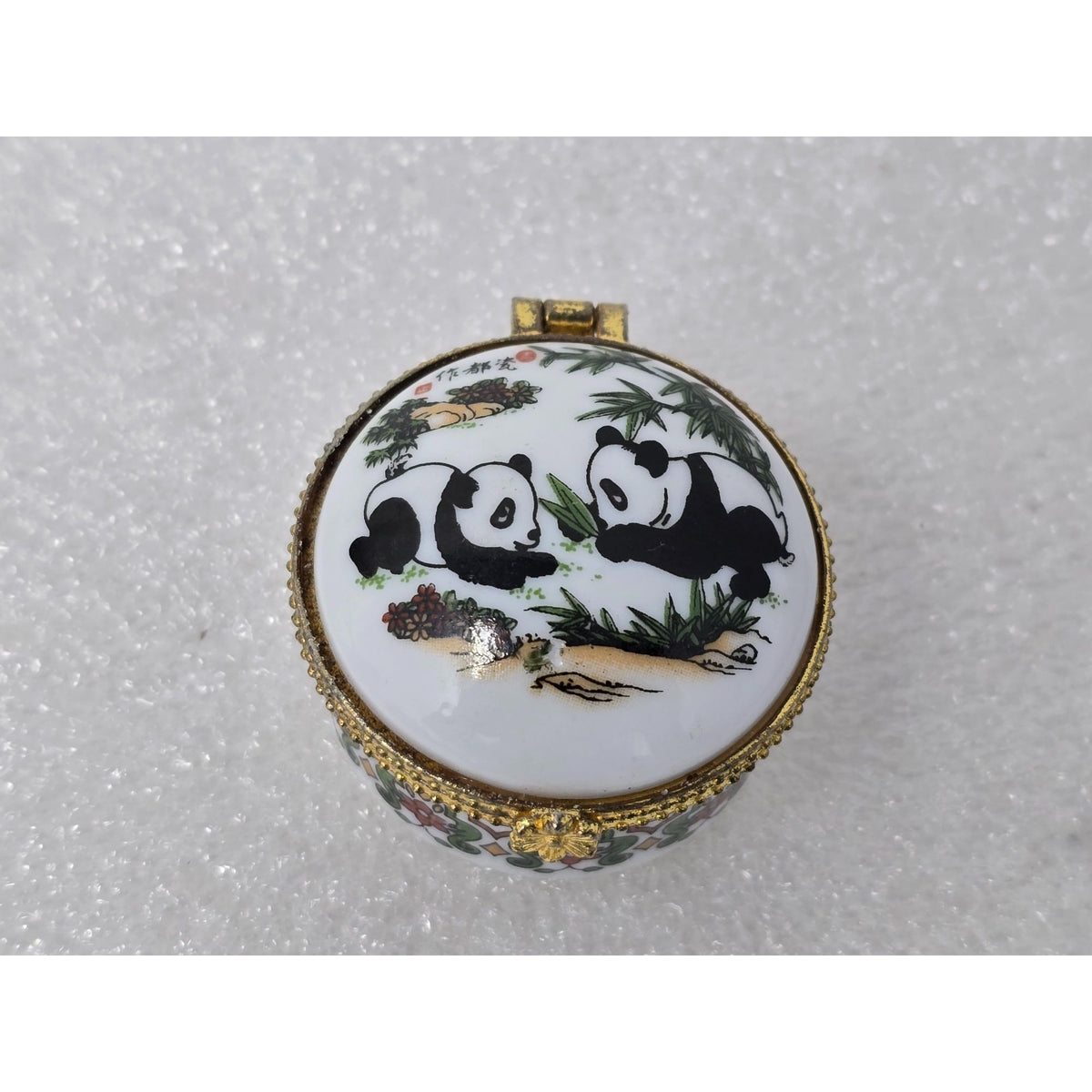 Vintage Chinese Porcelain Panda Trinket Pill Box Brass Gold Tone Hinged