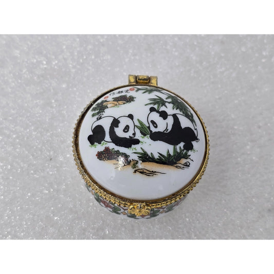 Vintage Chinese Porcelain Panda Trinket Pill Box Brass Gold Tone Hinged