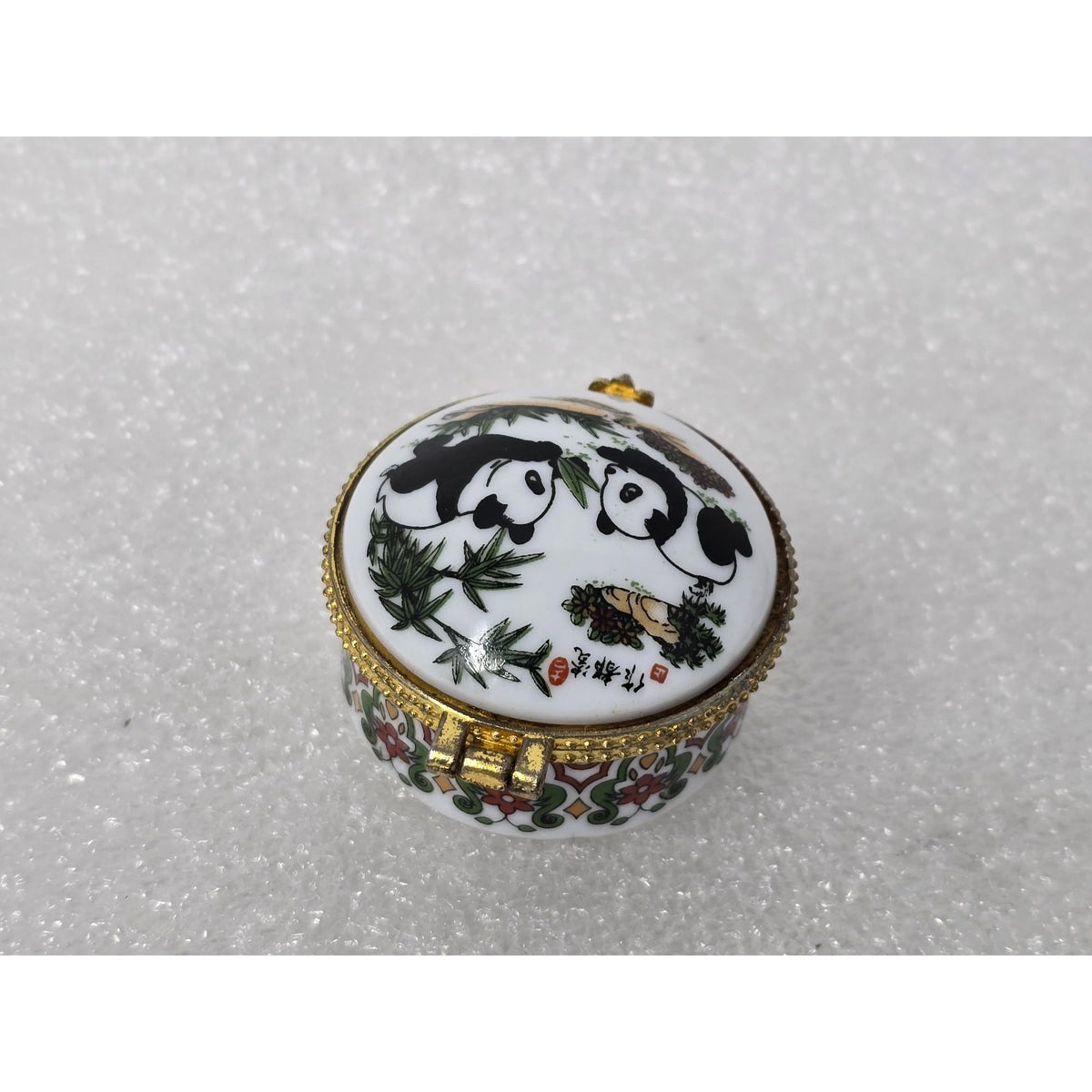 Vintage Chinese Porcelain Panda Trinket Pill Box Brass Gold Tone Hinged
