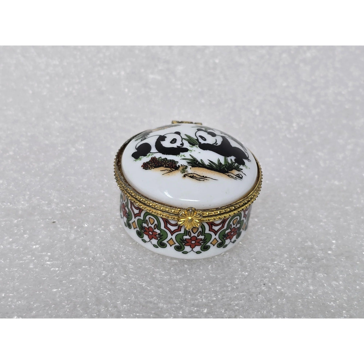 Vintage Chinese Porcelain Panda Trinket Pill Box Brass Gold Tone Hinged
